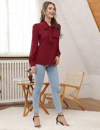 Women Bow-Knot Decorated Shirt Pullover Long Sleeves V-Neck Tops