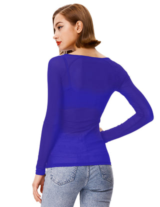 Women's Long Sleeve Scoop Neck See-through T-shirt Tops