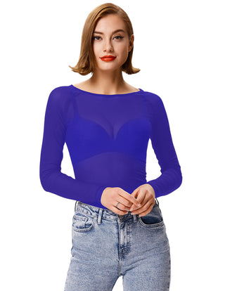 Women's Long Sleeve Scoop Neck See-through T-shirt Tops