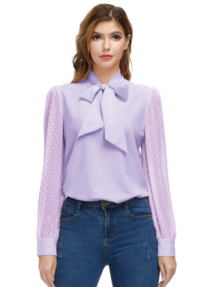 Women Bow-Knot Decorated Shirt Pullover Long Sleeves V-Neck Tops