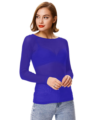 Women's Long Sleeve Scoop Neck See-through T-shirt Tops