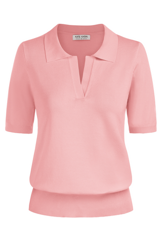 Lapel Collar Sweater Loose Fit Short Sleeve Ribbed Hem Knitted Tops