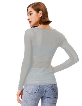 Women's Long Sleeve Scoop Neck See-through T-shirt Tops