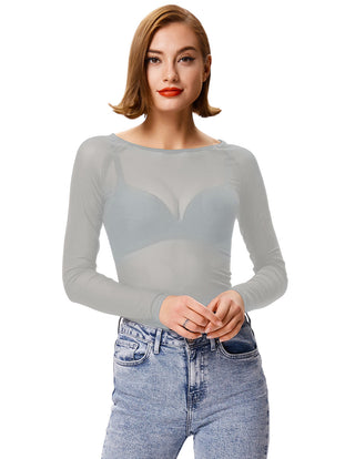 Women's Long Sleeve Scoop Neck See-through T-shirt Tops