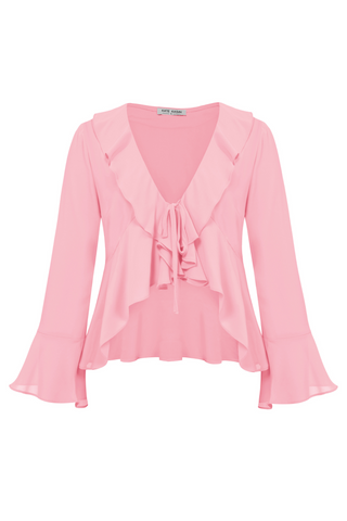 Women Chiffon Cover-up Tops 9/10 Bell Sleeve V-Neck Tie Front Tops
