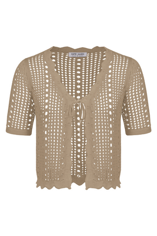 Women Hollowed-out Cardigan Short Sleeve V-Neck Tie-Front Shrug Knitwear