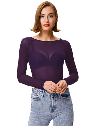 Women's Long Sleeve Scoop Neck See-through T-shirt Tops