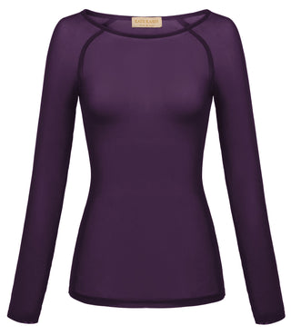 Women's Long Sleeve Scoop Neck See-through T-shirt Tops
