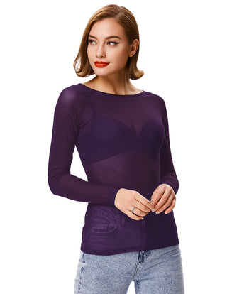 Women's Long Sleeve Scoop Neck See-through T-shirt Tops