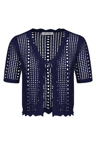 Women Hollowed-out Cardigan Short Sleeve V-Neck Tie-Front Shrug Knitwear