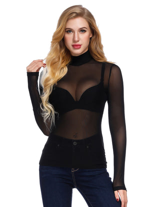 See-Through Mesh Sheer Long Sleeve Blouse Club-wear