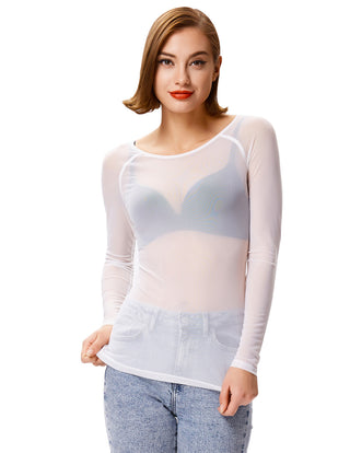 Women's Long Sleeve Scoop Neck See-through T-shirt Tops