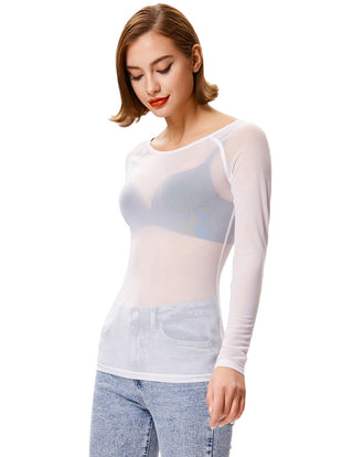 Women's Long Sleeve Scoop Neck See-through T-shirt Tops