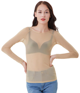 Women's Long Sleeve Scoop Neck See-through T-shirt Tops
