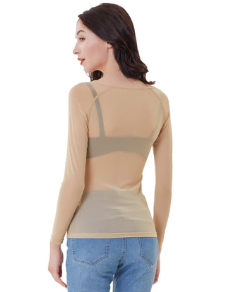 Women's Long Sleeve Scoop Neck See-through T-shirt Tops