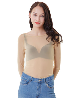 Women's Long Sleeve Scoop Neck See-through T-shirt Tops