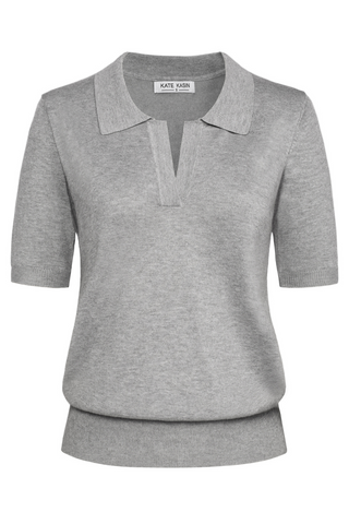 Lapel Collar Sweater Loose Fit Short Sleeve Ribbed Hem Knitted Tops