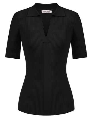 Women Lapel Collar Sweater Tops Short Sleeve V-Neck Ribbed Knitted Tops