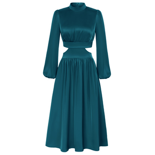 Women Cut-out Waist Dress Long Sleeve Half High-Neck Elastic Waist Dress