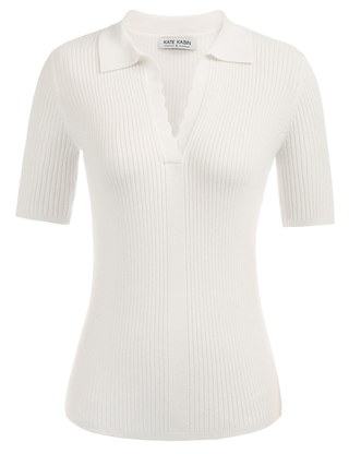 Women Lapel Collar Sweater Tops Short Sleeve V-Neck Ribbed Knitted Tops