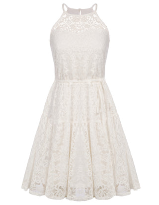 Lace Mini Halterneck Keyhole Back Elastic Waist A-Line Dress