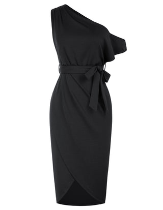 Wrap Hem OL Asymmetric Shoulder Below Knee Bodycon Dress