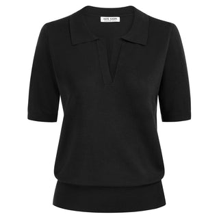 Lapel Collar Sweater Loose Fit Short Sleeve Ribbed Hem Knitted Tops