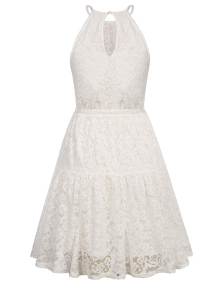 Lace Mini Halterneck Keyhole Back Elastic Waist A-Line Dress