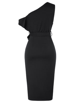 Wrap Hem OL Asymmetric Shoulder Below Knee Bodycon Dress