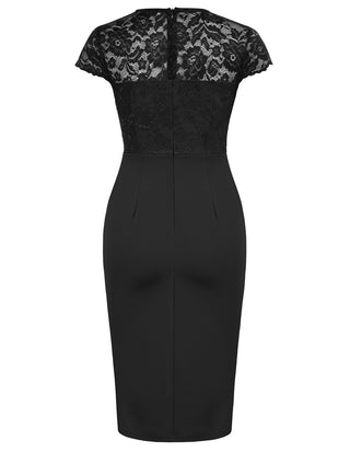 Womens Short Sleeve Floral Elegant Lace Cocktail Dress V Neck Knee Length Wrap Bodycon Dress