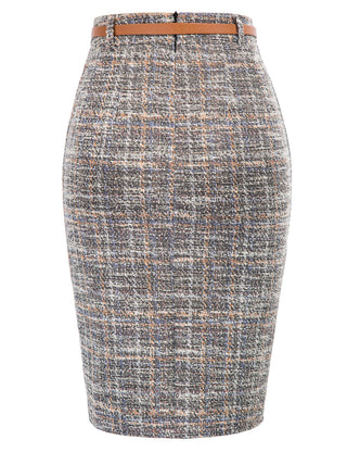 Fashion Tweed Bodycon Skirt with Belt High Waist Knee Length Slit Front
