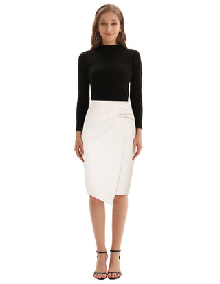 PU Leather Pencil Skirt Knee Length Knot-Front Hips-Wrapped Skirt