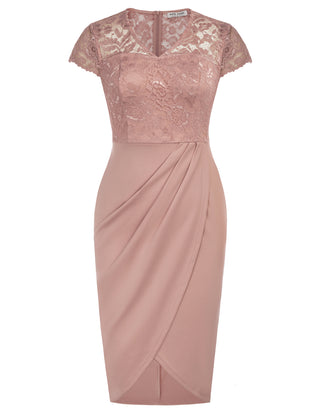 Womens Short Sleeve Floral Elegant Lace Cocktail Dress V Neck Knee Length Wrap Bodycon Dress