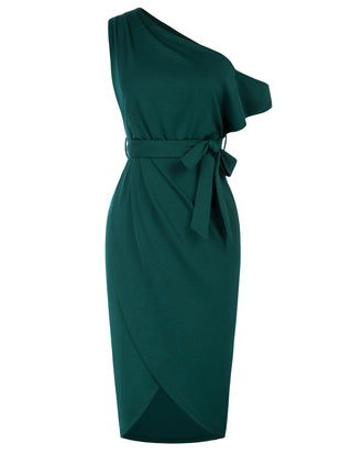 Wrap Hem OL Asymmetric Shoulder Below Knee Bodycon Dress