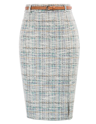 Fashion Tweed Bodycon Skirt with Belt High Waist Knee Length Slit Front