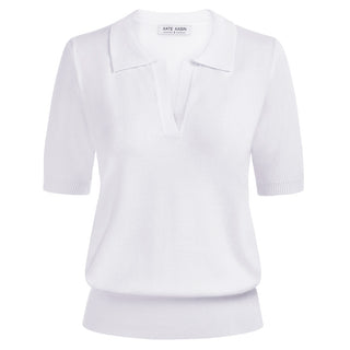 Lapel Collar Sweater Loose Fit Short Sleeve Ribbed Hem Knitted Tops