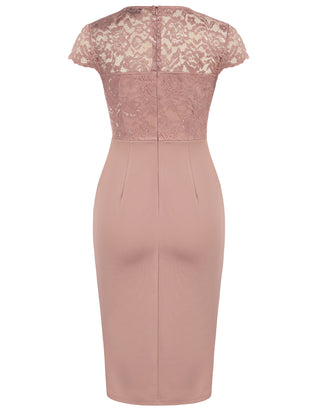 Womens Short Sleeve Floral Elegant Lace Cocktail Dress V Neck Knee Length Wrap Bodycon Dress