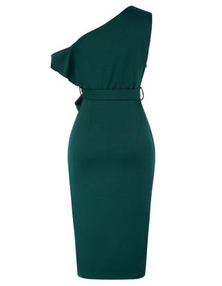 Wrap Hem OL Asymmetric Shoulder Below Knee Bodycon Dress