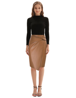 PU Leather Pencil Skirt Knee Length Knot-Front Hips-Wrapped Skirt