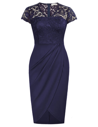 Womens Short Sleeve Floral Elegant Lace Cocktail Dress V Neck Knee Length Wrap Bodycon Dress