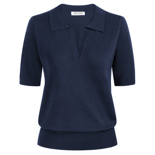 Lapel Collar Sweater Loose Fit Short Sleeve Ribbed Hem Knitted Tops