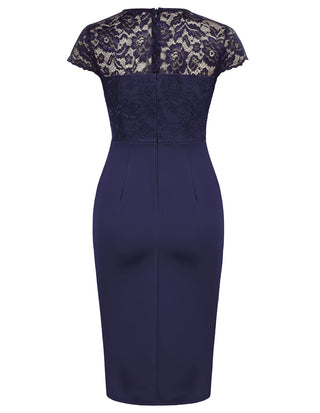 Womens Short Sleeve Floral Elegant Lace Cocktail Dress V Neck Knee Length Wrap Bodycon Dress