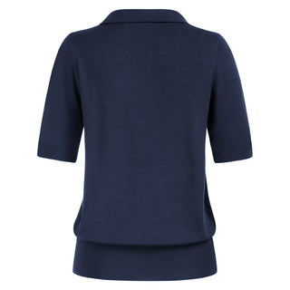 Lapel Collar Sweater Loose Fit Short Sleeve Ribbed Hem Knitted Tops