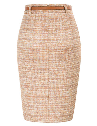 Fashion Tweed Bodycon Skirt with Belt High Waist Knee Length Slit Front