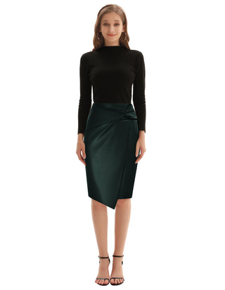 PU Leather Pencil Skirt Knee Length Knot-Front Hips-Wrapped Skirt