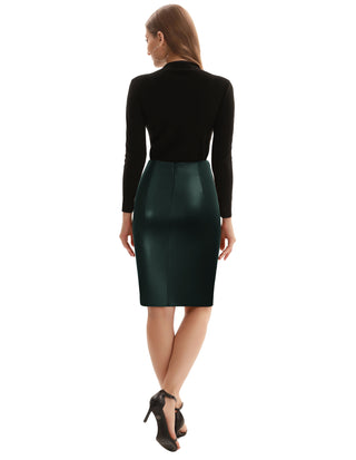 PU Leather Pencil Skirt Knee Length Knot-Front Hips-Wrapped Skirt