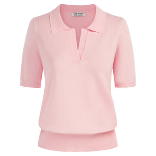 Lapel Collar Sweater Loose Fit Short Sleeve Ribbed Hem Knitted Tops