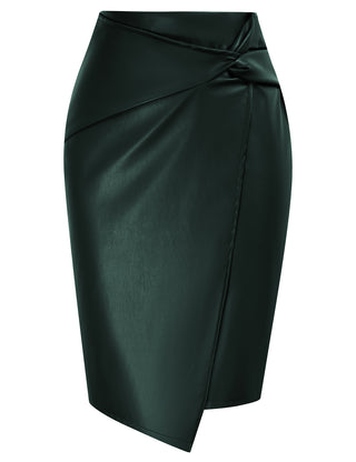 PU Leather Pencil Skirt Knee Length Knot-Front Hips-Wrapped Skirt