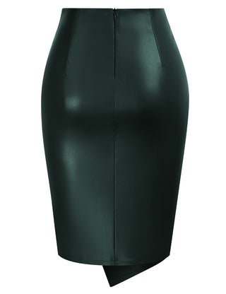 PU Leather Pencil Skirt Knee Length Knot-Front Hips-Wrapped Skirt