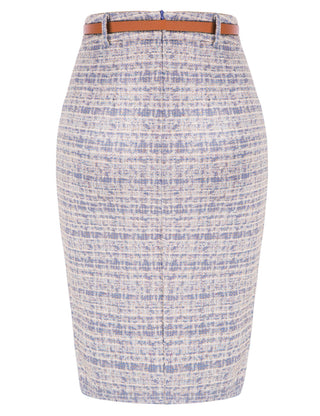 Fashion Tweed Bodycon Skirt with Belt High Waist Knee Length Slit Front